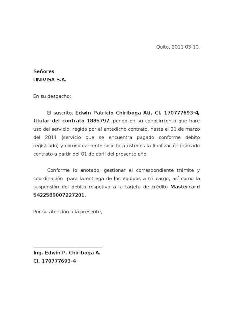 Carta Cancelacion Tarjeta De Credito Bancolombia