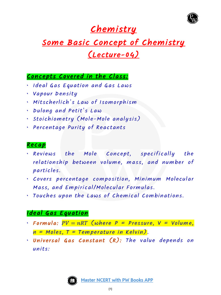 008) Some Basic Concept of Chemistry 04 Summary Notes SUMIT | PDF ...