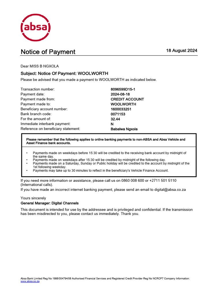 Notice of Payment Single | PDF