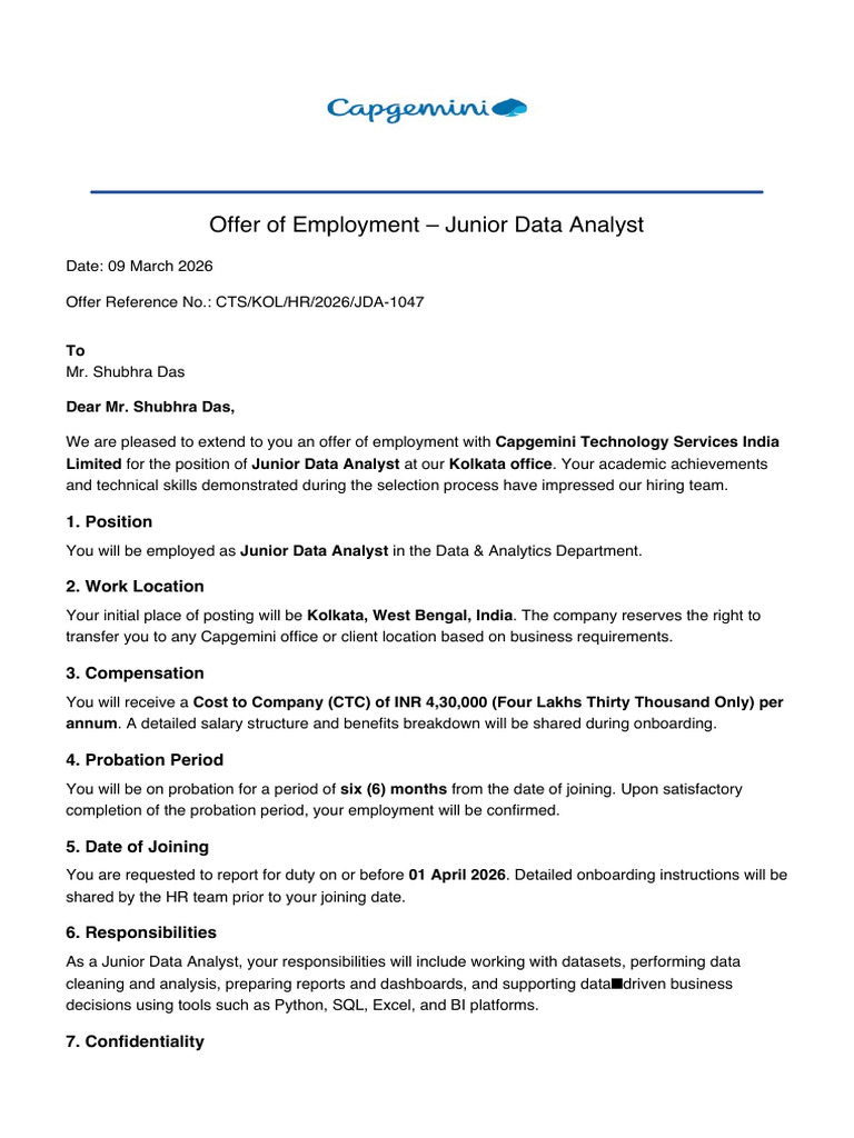 Capgemini Official Offer Letter Shuphra Das | PDF