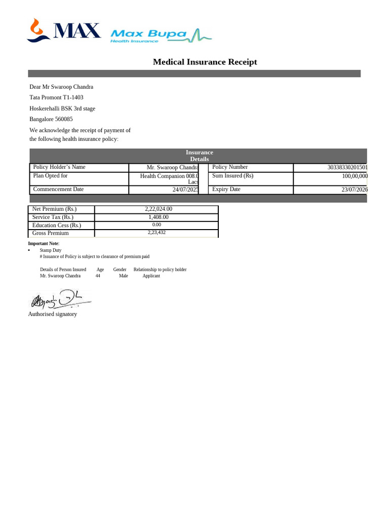 633949842 Medical Insurance Premium Receipt | PDF