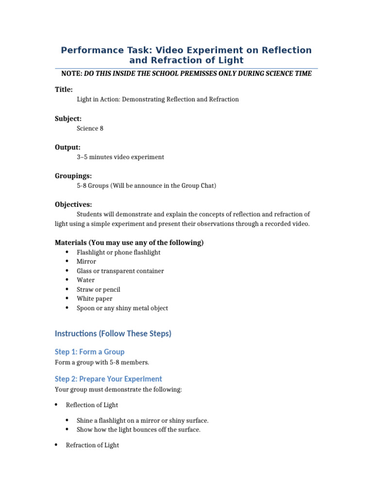 Science 8 Performance Task | PDF | Reflection (Physics) | Light