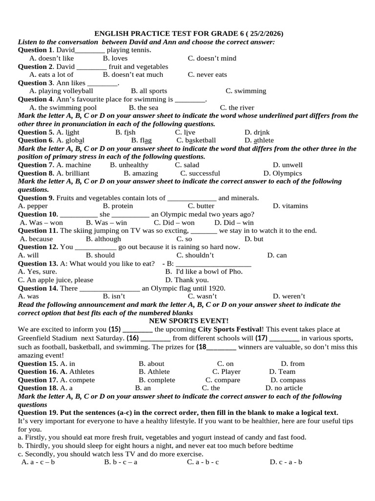 English Practice Test For Grade 6 | PDF