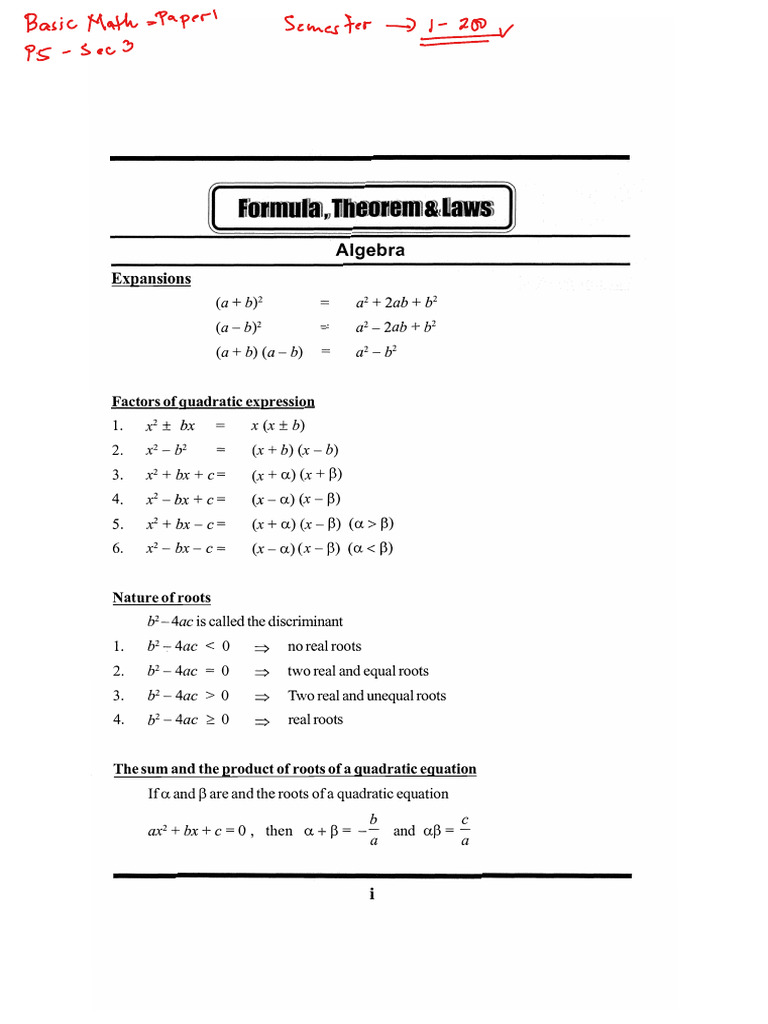 Sec 3 Maths Paper-1 (Pg. I - Xvi) - Formulas | PDF | Quadratic Equation ...