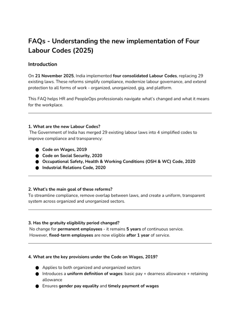 FAQs - Understanding India’s New Labour Codes (2025) | PDF ...