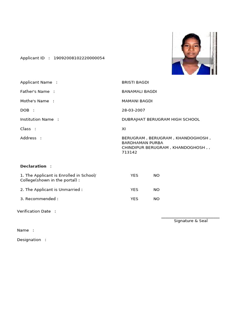 Physical Verification Form For Kanyashree Prakalpa: During Verification ...