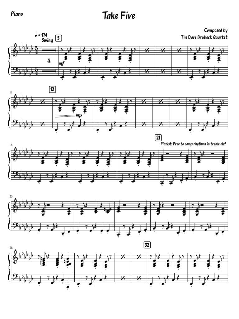 Take Five The Dave Brubeck Quartet Piano | PDF | Jazz | Popular Music
