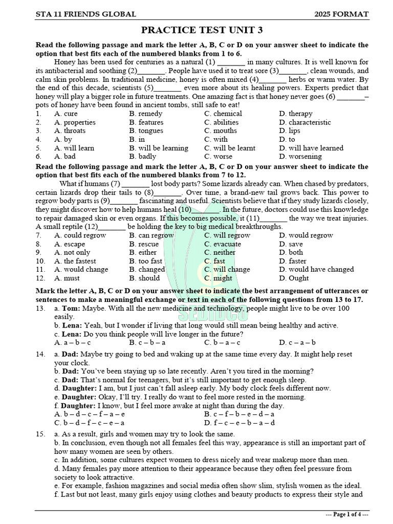 15 FG 11-Practice Test Unit 3-2025 Format | PDF