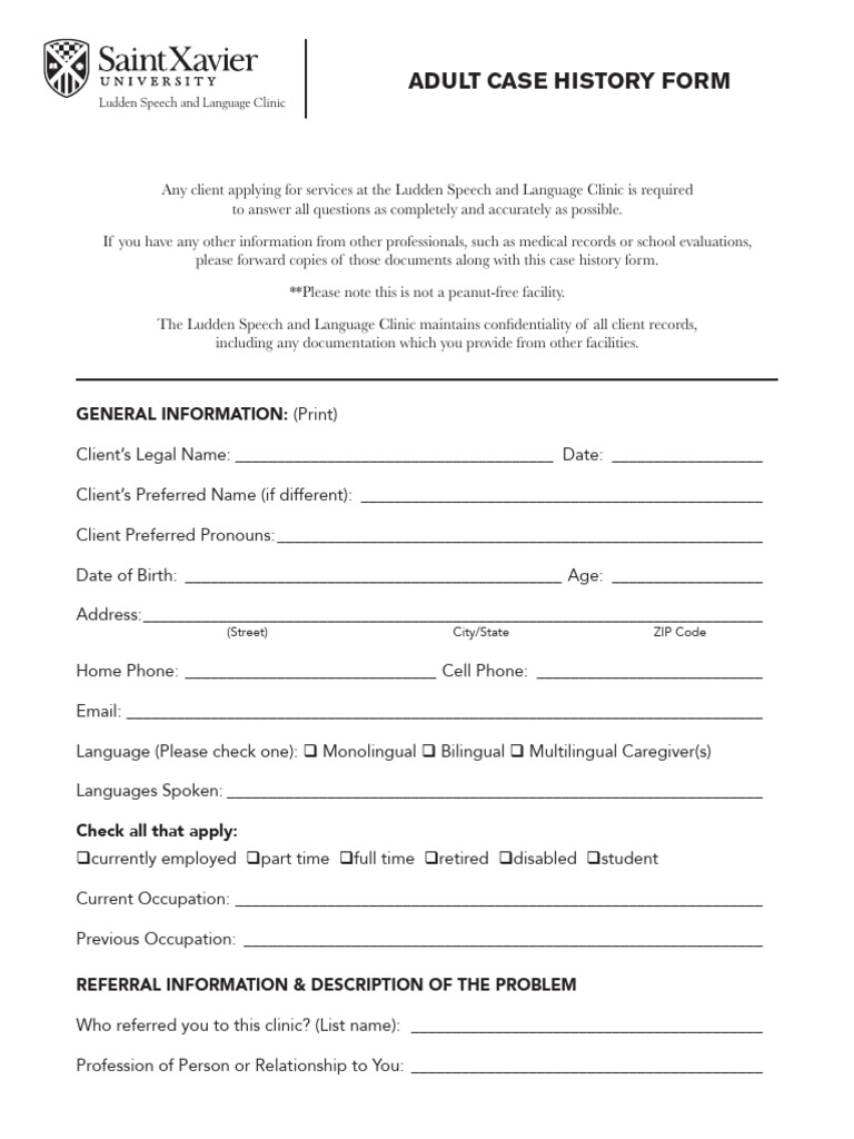Ludden Adult Case History Form Updated | PDF | Neurology | Mental Disorder