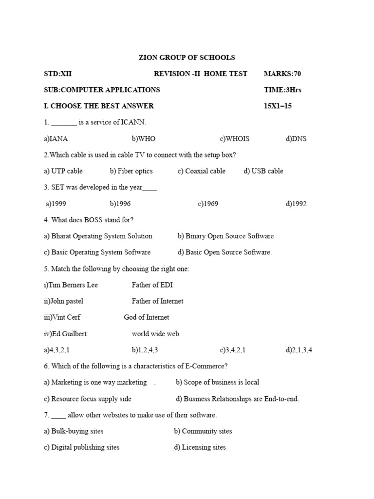 STD 12 CA Revision II - Home Test | PDF | Internet | Network Protocols