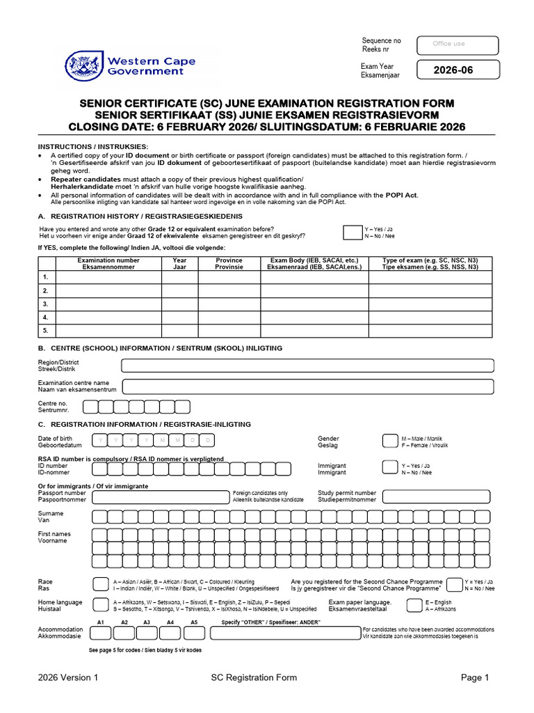 SC June 2026 Registration Form | PDF | Visual Impairment