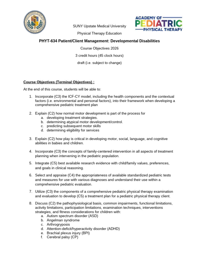 Phy T 634 Course Objectives Spring 2026 | PDF | Autism | Physical Therapy