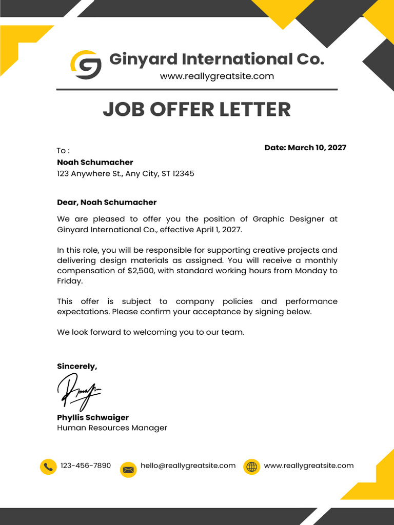 Black Yellow Modern Professional Job Offer Letter A4 Document | PDF