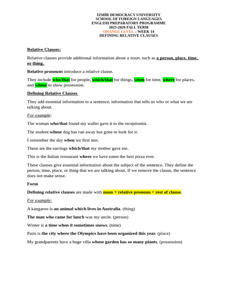2. Defining Relative Clauses | PDF | Subject (Grammar) | English Language