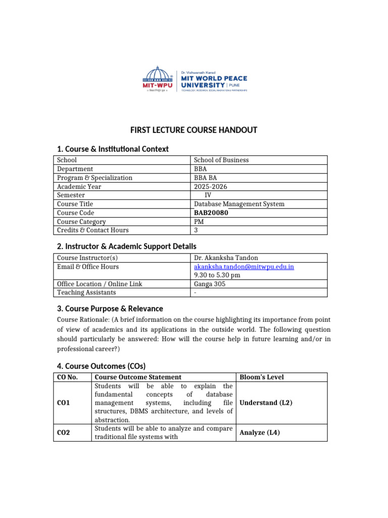 First Lecture Course Handout | PDF | Relational Model | Databases