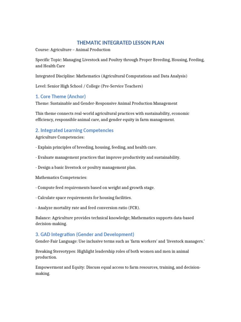 Thematic Integrated Lesson Plan GAD Aligned Animal Production | PDF ...