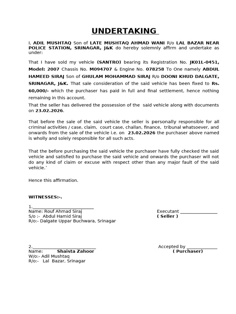 Vehicle Undertaking | PDF