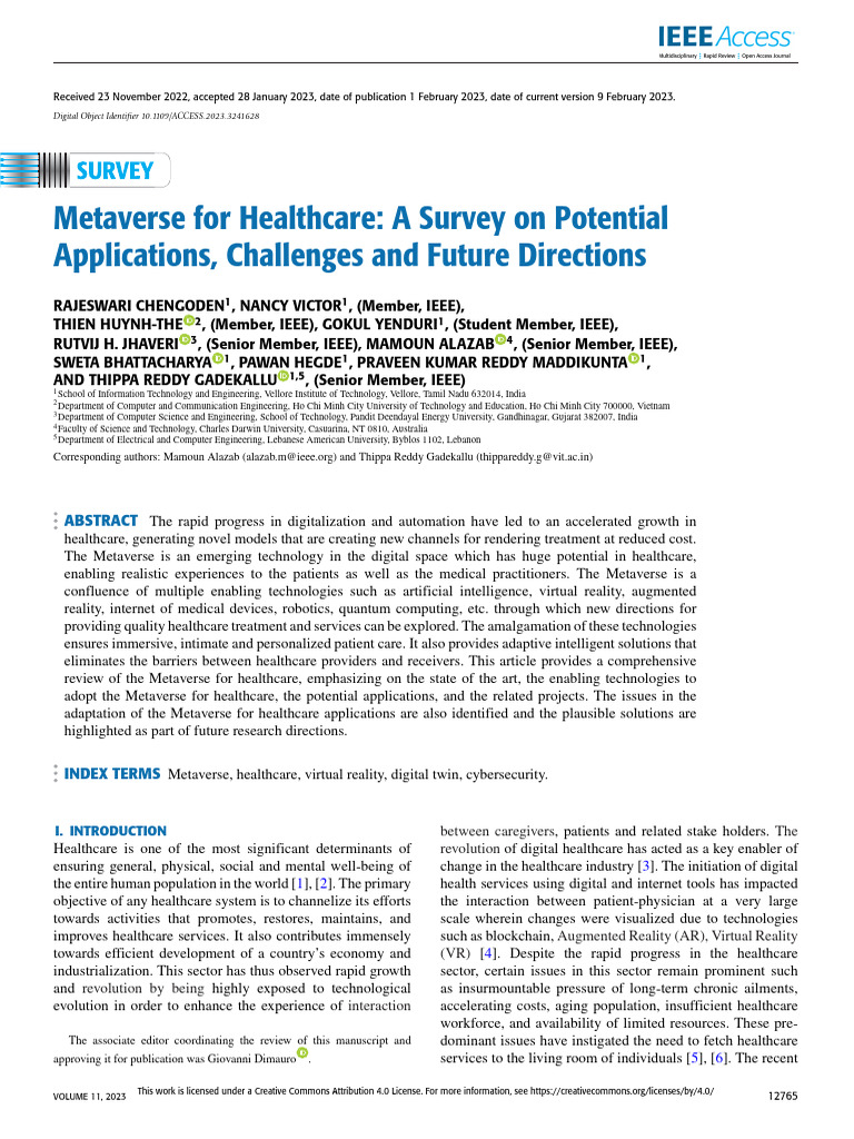 Metaverse for Healthcare a Survey on Potential Applications Challenges ...