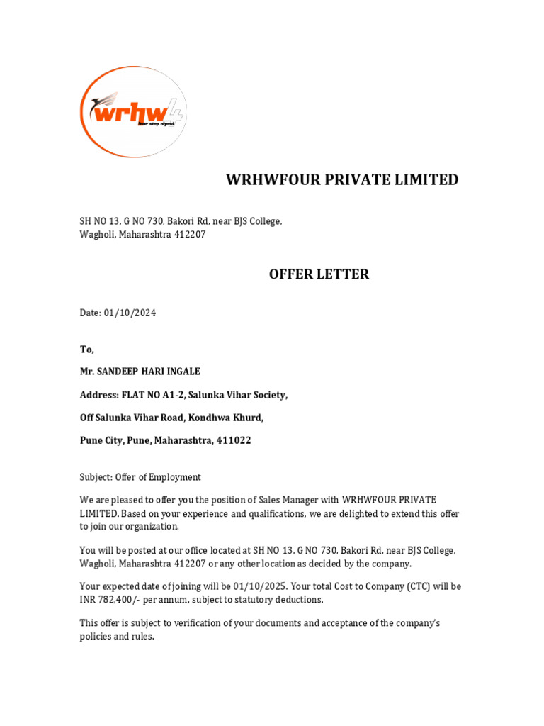 Wrhwfour Offer Letter Sandeep | PDF