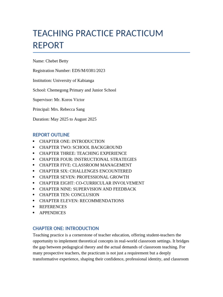 Full_Teaching_Practice_Report_Chebet_Betty | PDF | Learning | Teachers