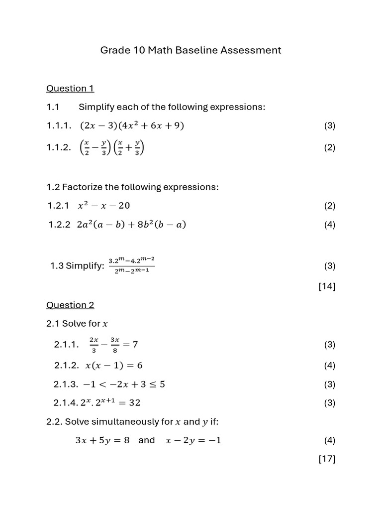 Grade 10 Math Baseline Assessment | PDF