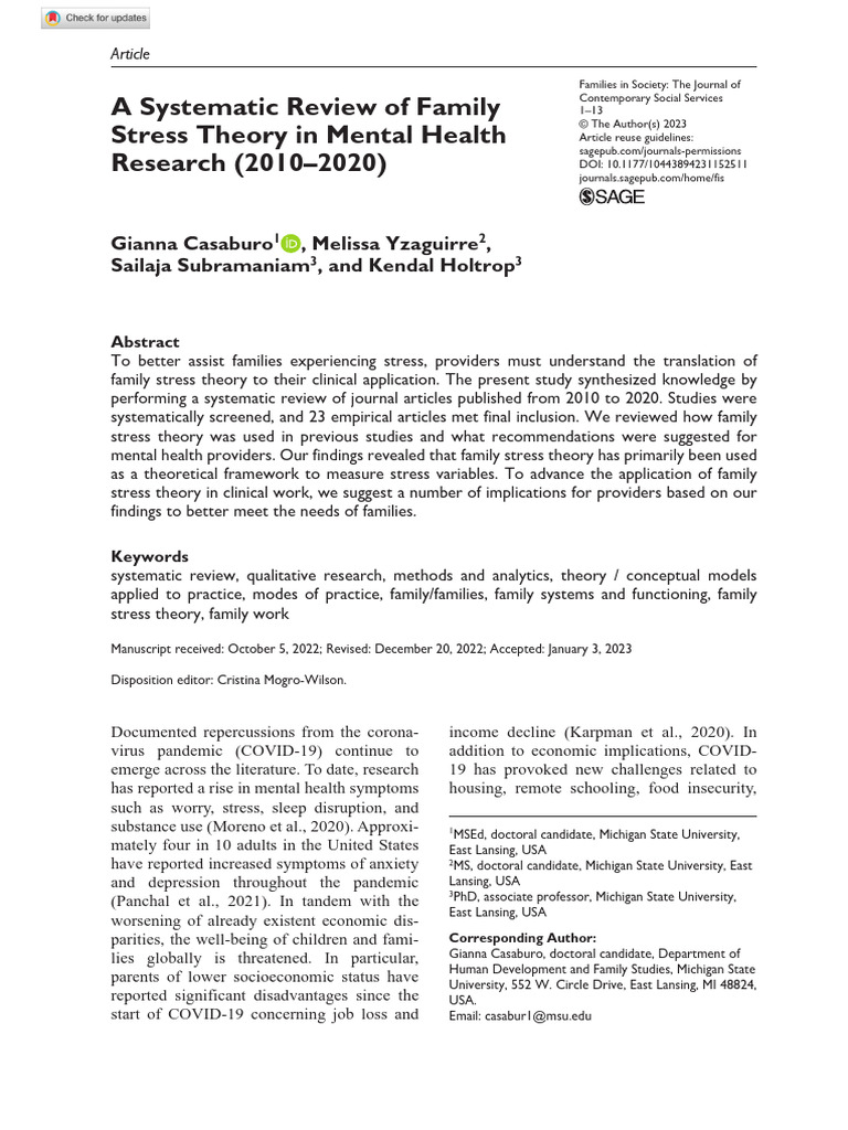 A Systematic Review of Family Stress Theory in Mental Health Research ...