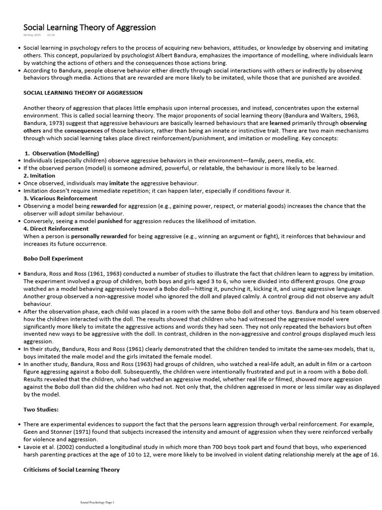 Social Learning Theory of Aggression | PDF | Psychology | Psychological ...