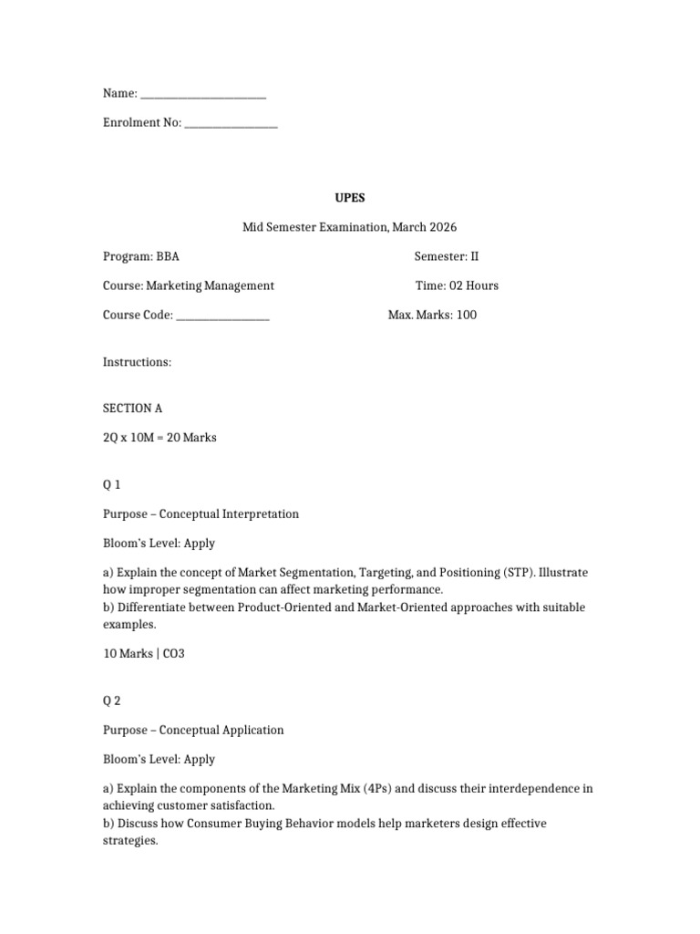 Marketing Management Mid Sem BBA Sem2 March 2026 | PDF