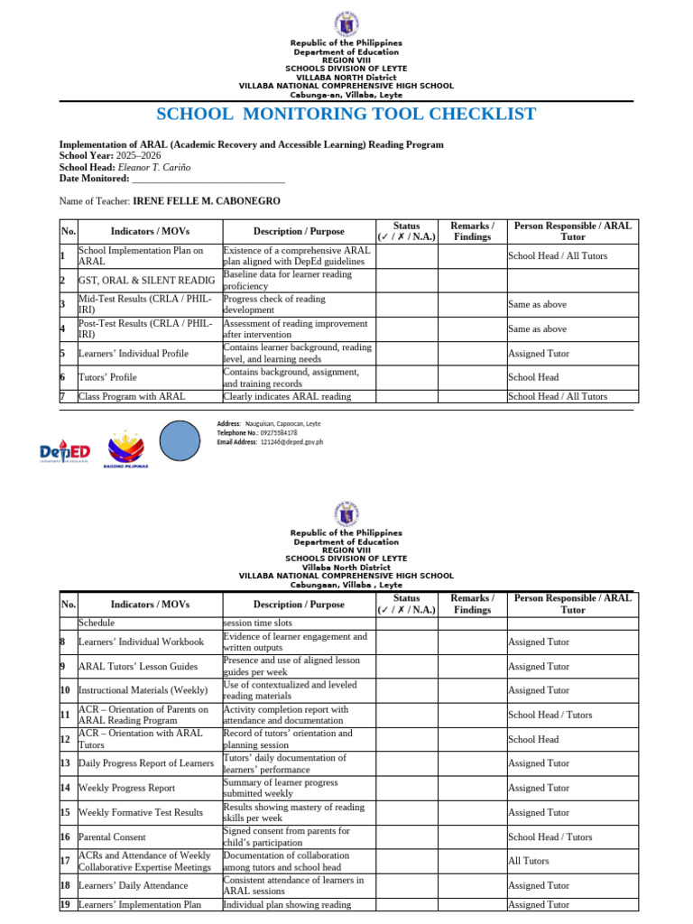 School Monitoring Tool For The Implementation of The ARAL Program 3 ...