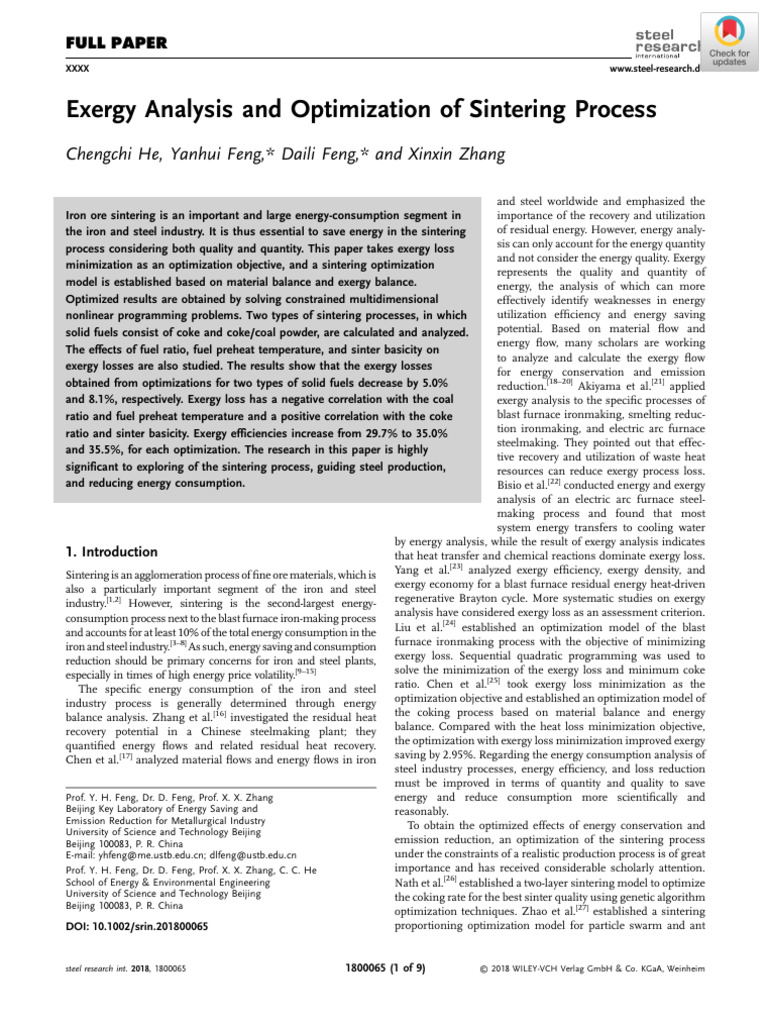 Exergy Analysis and Optimization of Sintering Process He2018 | PDF ...