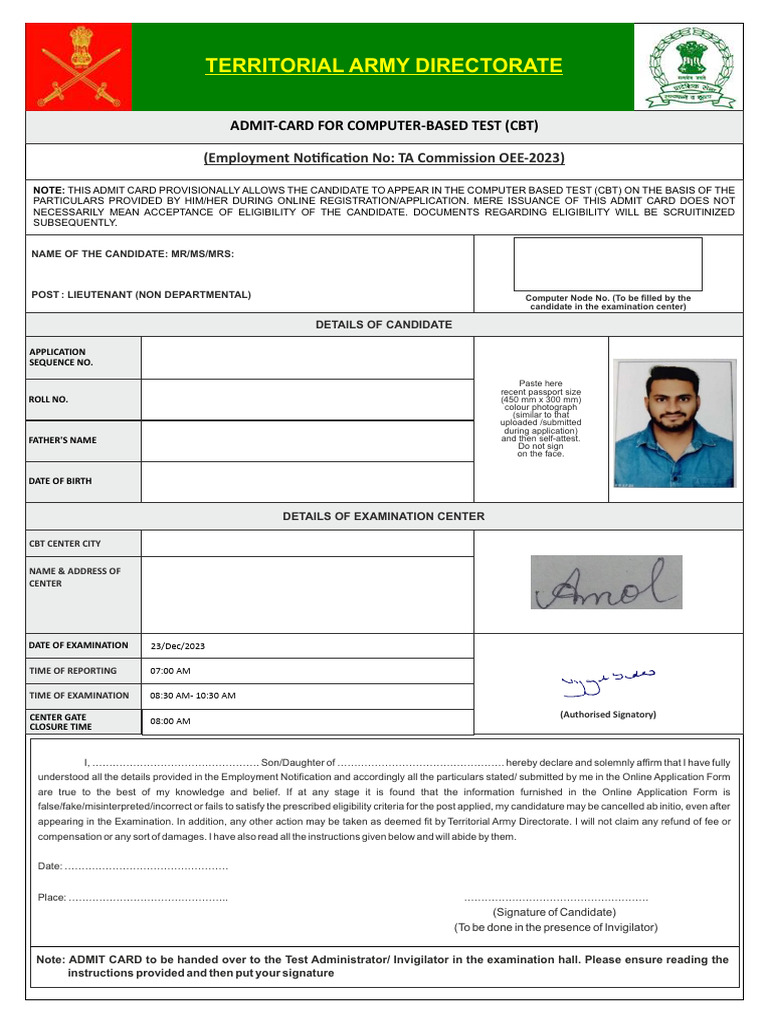 TERRITORIAL ARMY DIRECTORATE - CDR | PDF | Identity Document