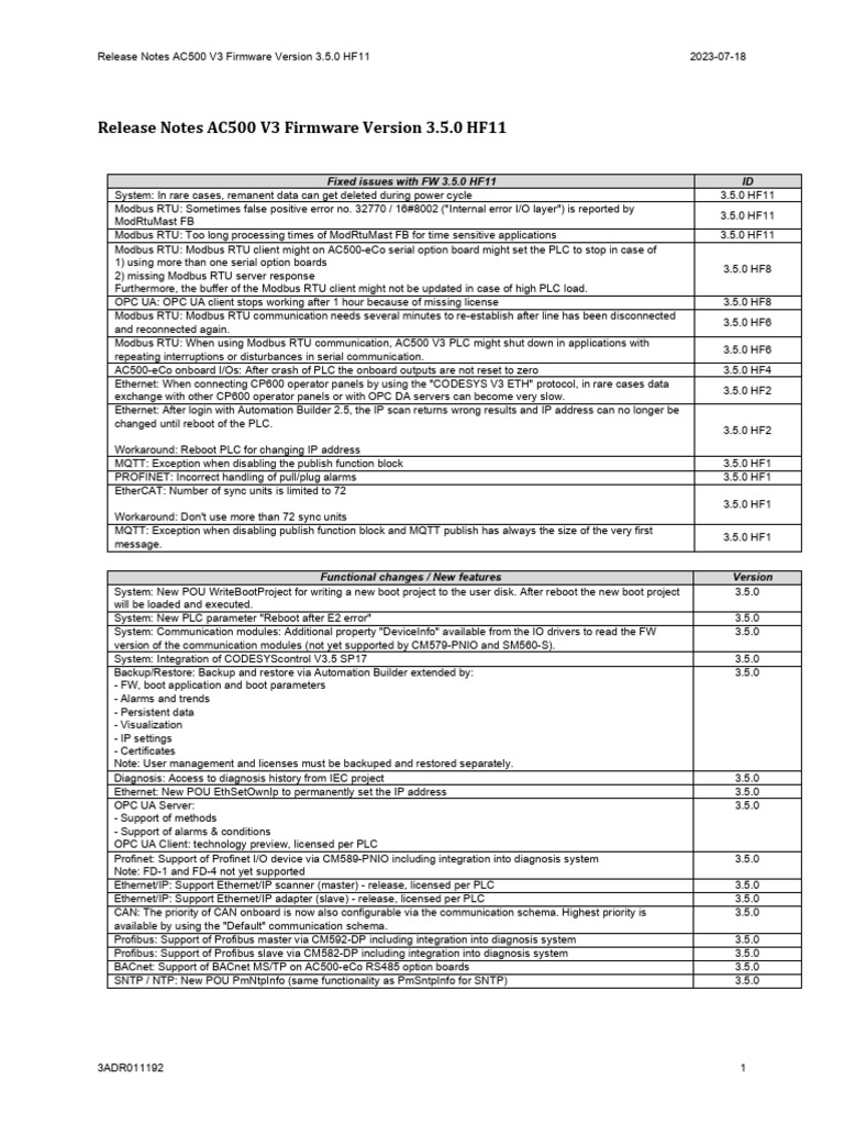 Release Notes AC500 V3 firmware version 3.5.0 HF11 | PDF | File ...