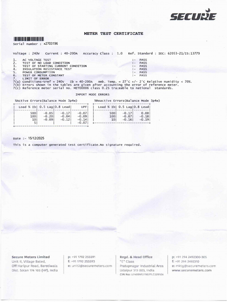 Test Report Secure Energy Meter Prodigy | PDF