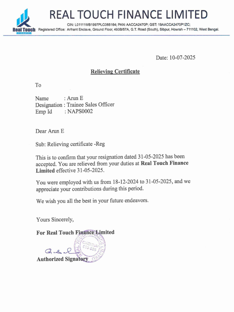 Relieving Letter- Arun E (1) | PDF