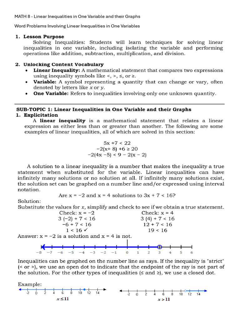 MATH 8 Linear Inequalities in One Variable and Their Graphs | PDF