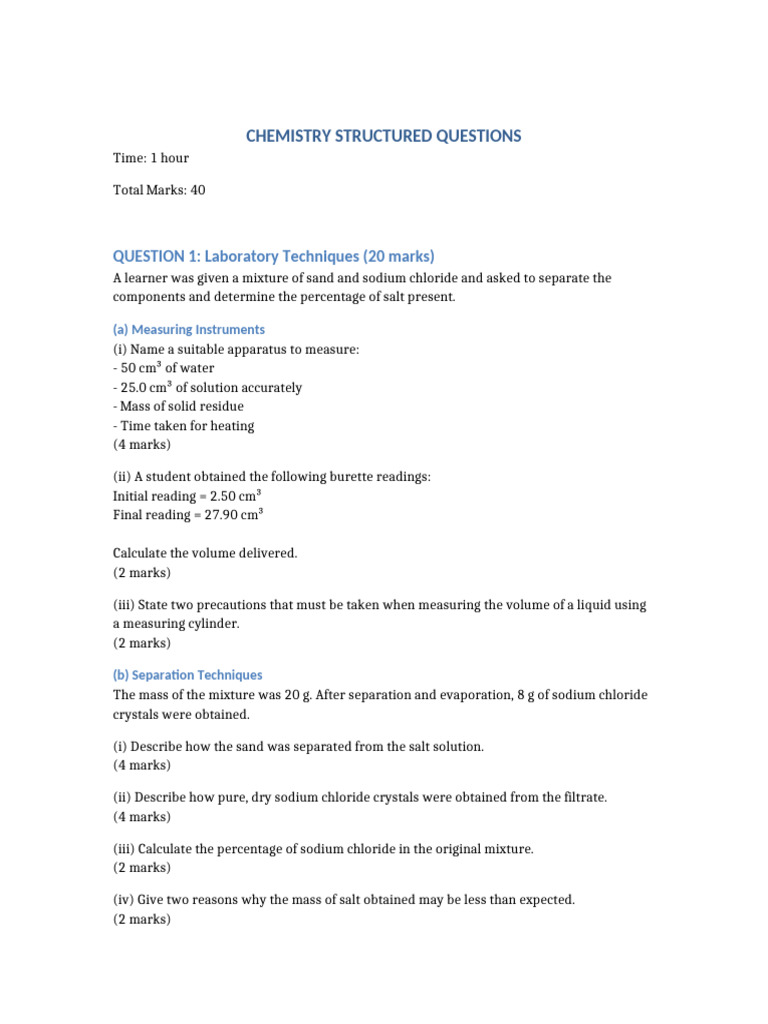 Chemistry Structured Questions | PDF