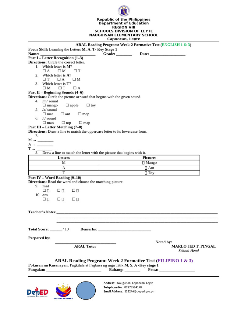 Aral Reading Weekly Test and Summative Test | PDF