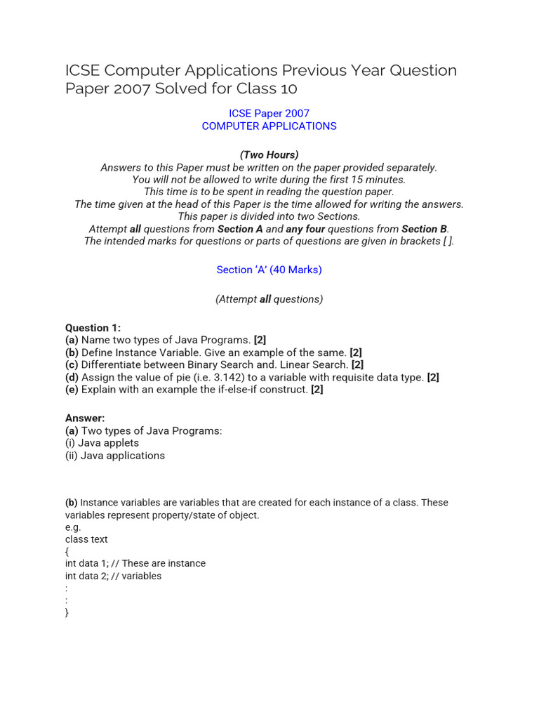 2007 - ICSE Computer Applications | PDF | Parameter (Computer ...