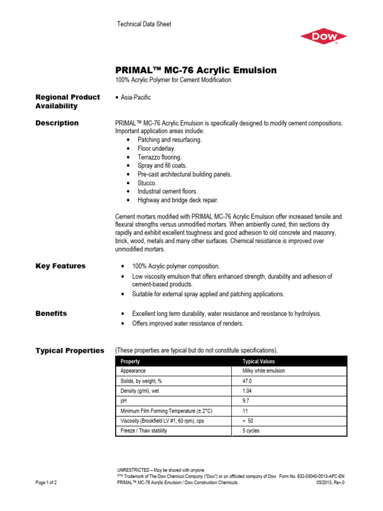 PRIMAL™ MC-76 Acrylic Emulsion | PDF | Poly(Methyl Methacrylate) | Cement
