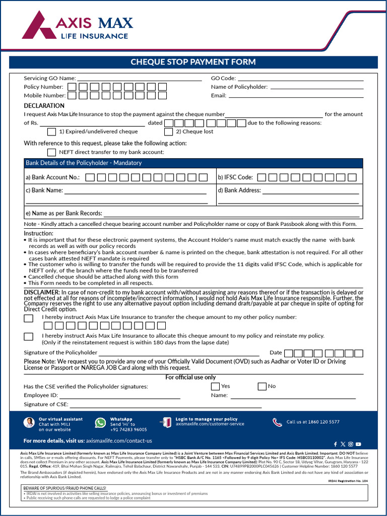 Cheque Stop Payment Form | PDF | Cheque | Insurance
