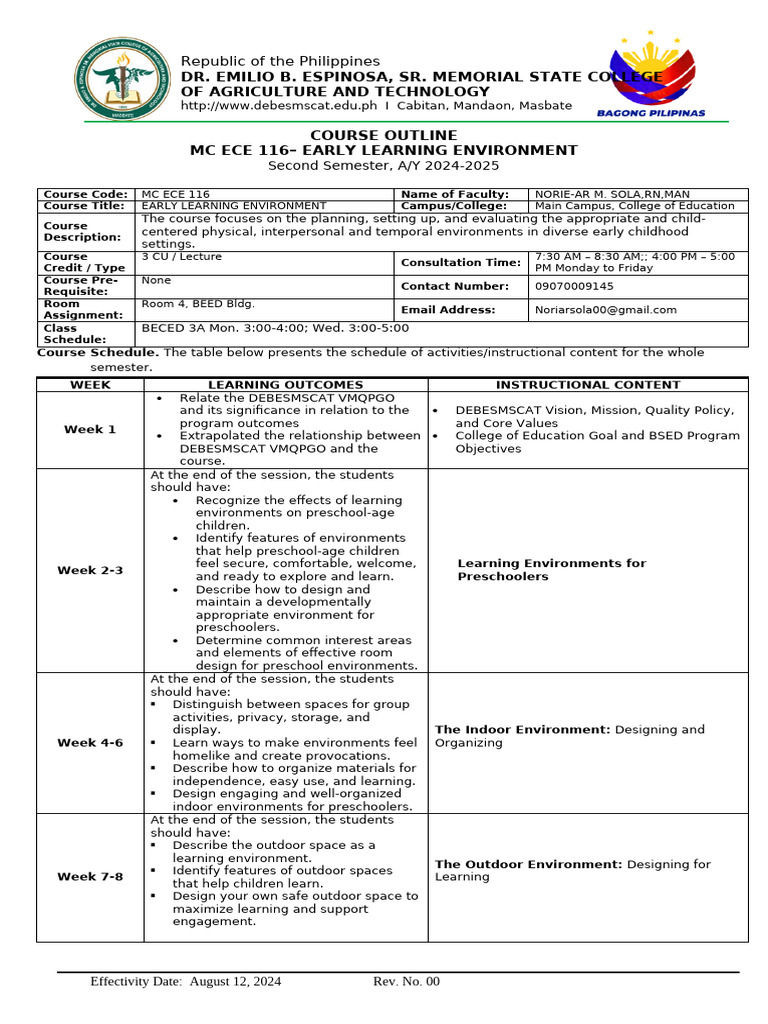 Course Outline MC ECE 118 | PDF | Preschool | Learning