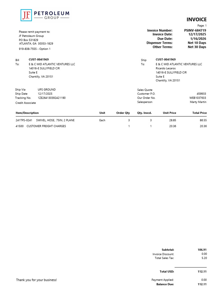 JFPG-905-011626-$112.11-INV#PSINV-684719 | PDF | Invoice | Payments