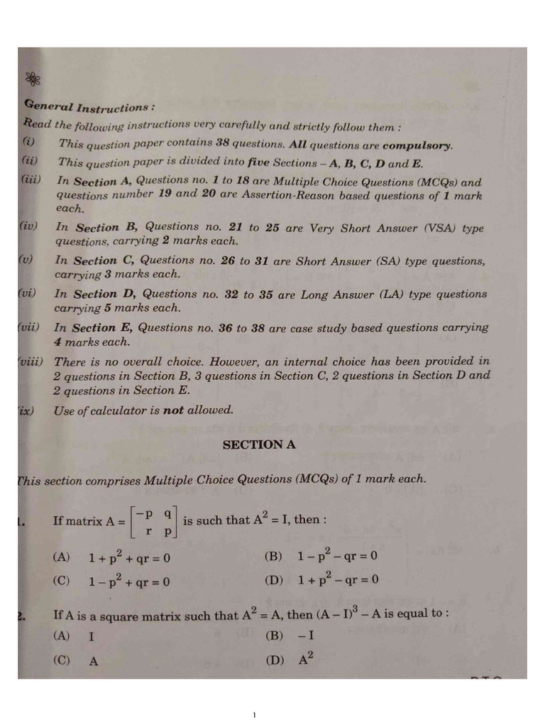 Class 12 Mathematics Set 1 Question Paper | PDF
