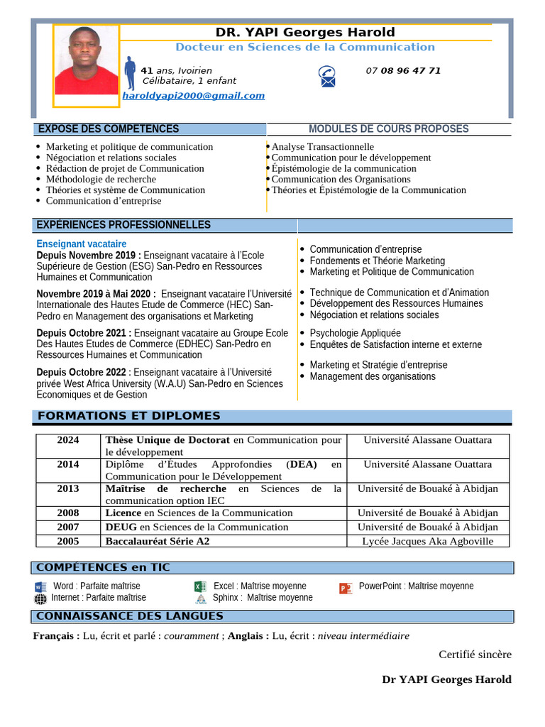 CV Dr. Yapi 2024 Ok - Copie | PDF | Master (diplôme ou grade ...