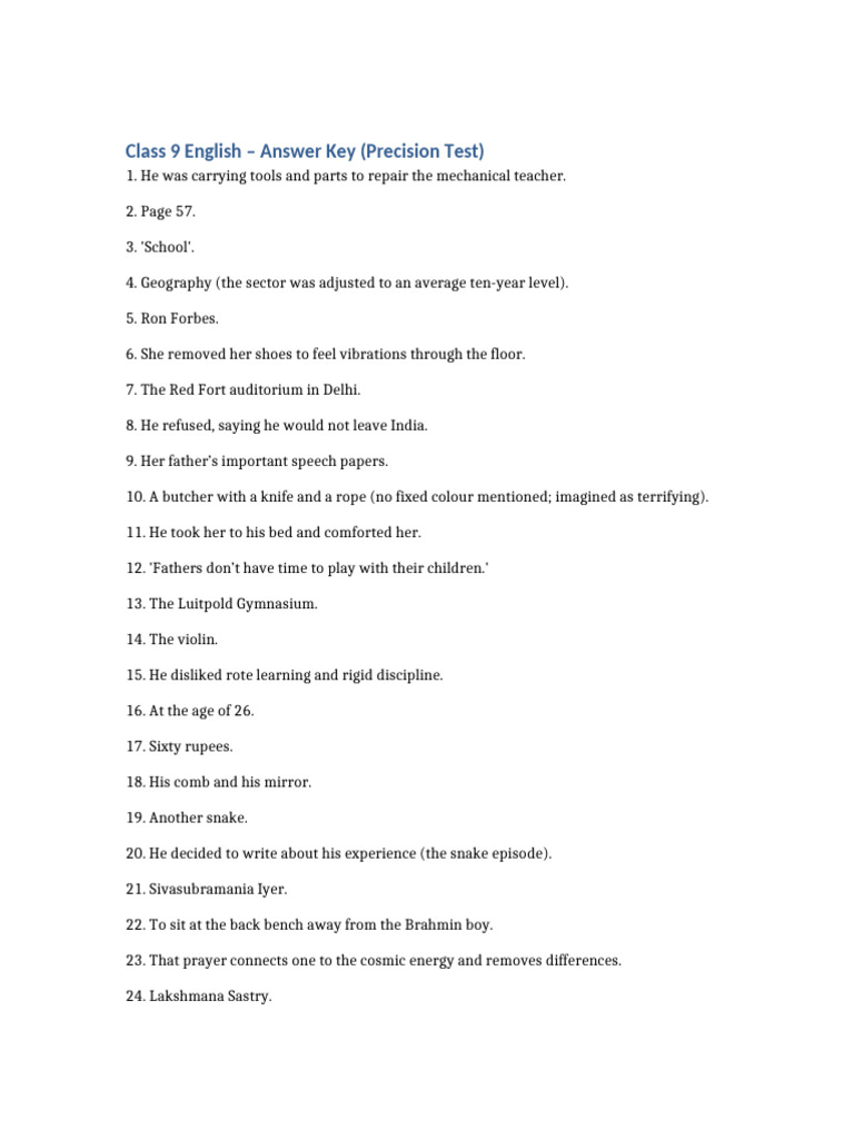 Class 9 English Precision Test Answer Key | PDF