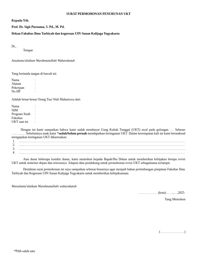 Surat Permohonan Penurunan Ukt | PDF