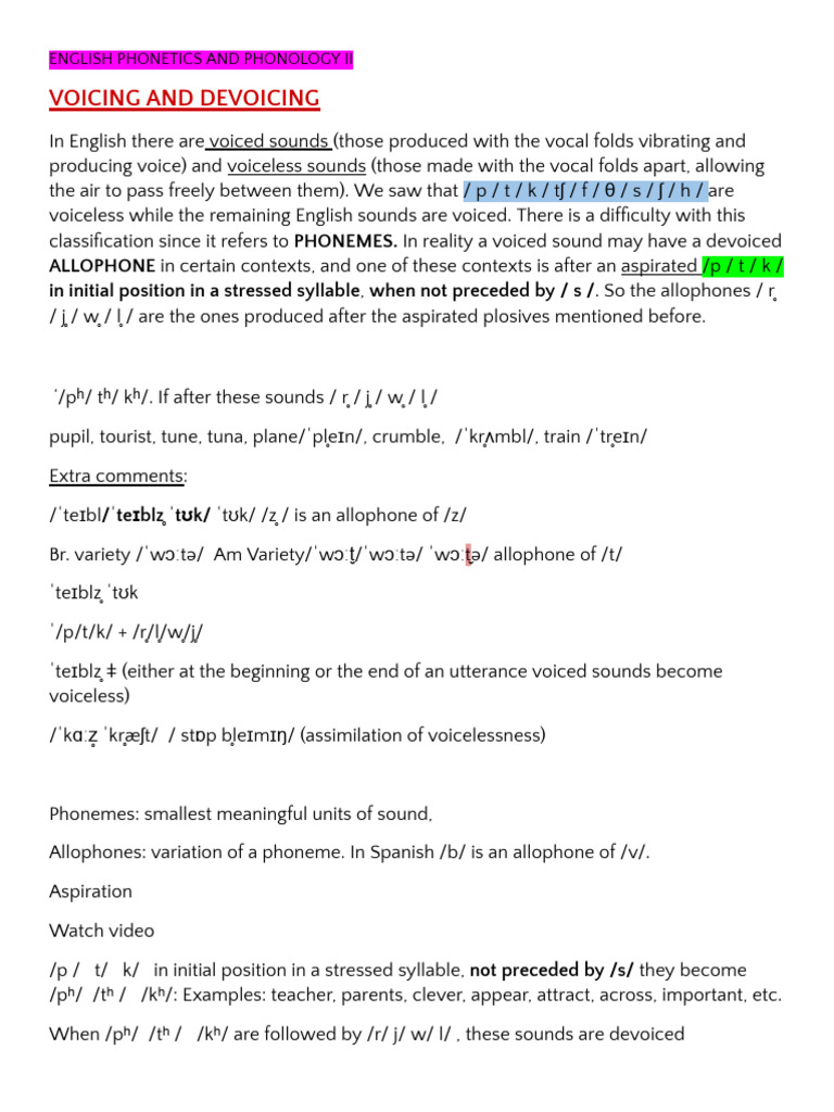 Phonetics II - Allophones, Voicing and Devoicing | PDF | Phoneme ...