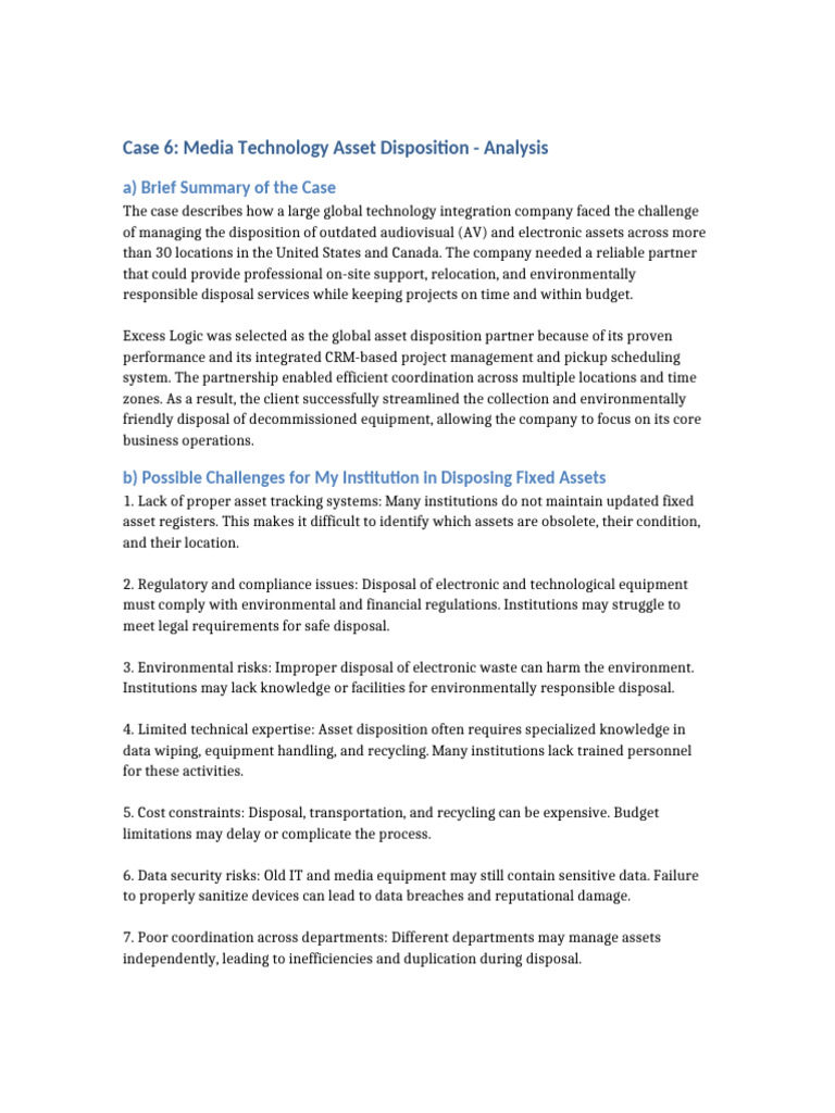 Case 6 Media Technology Asset Disposition Analysis | PDF | Waste ...