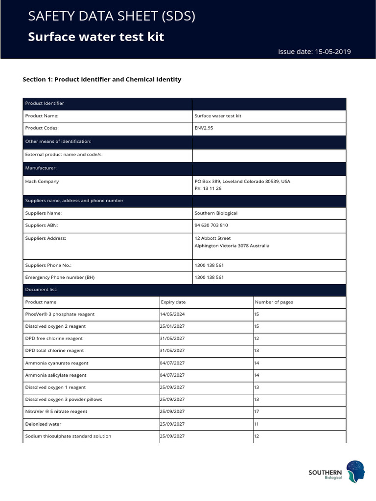 ENV2.95 Surface Water Test Kit SDS 2019 | PDF | Toxicity | Burn