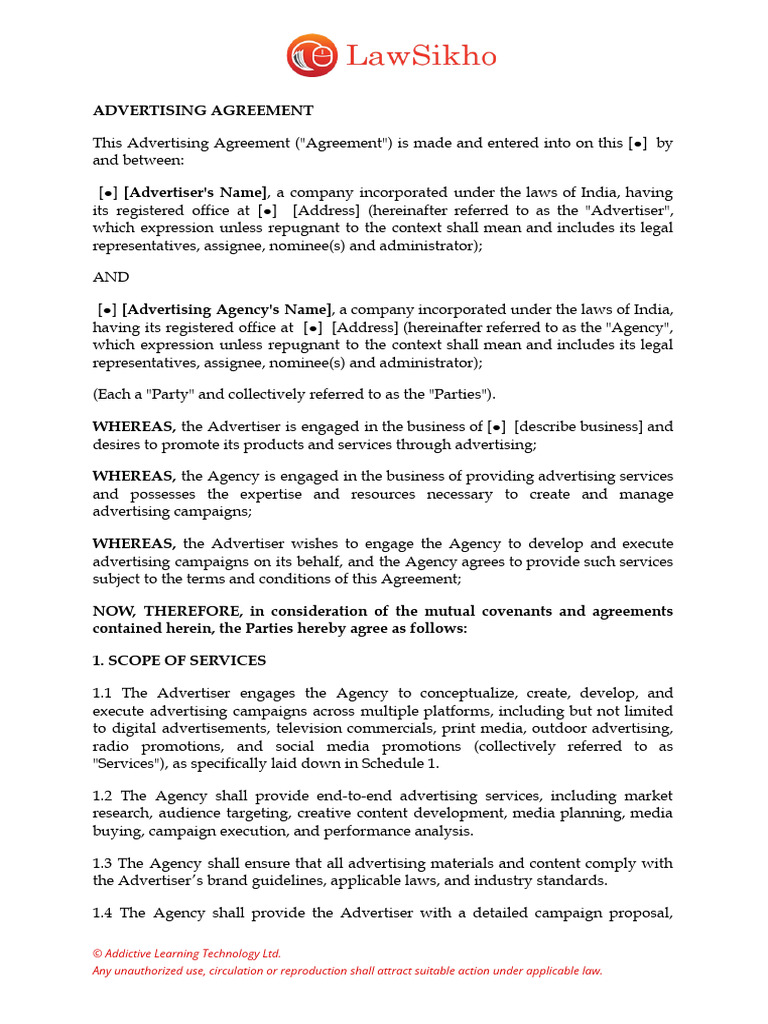 Advertising Agreement - Template | PDF | Indemnity | Arbitration